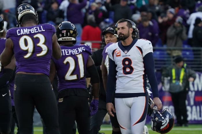 Denver Broncos kicker Brandon McManus (8) reacts after missing a game winning field goal with time running out in the fourth quarter against the Baltimore Ravens at M&T Bank Stadium.